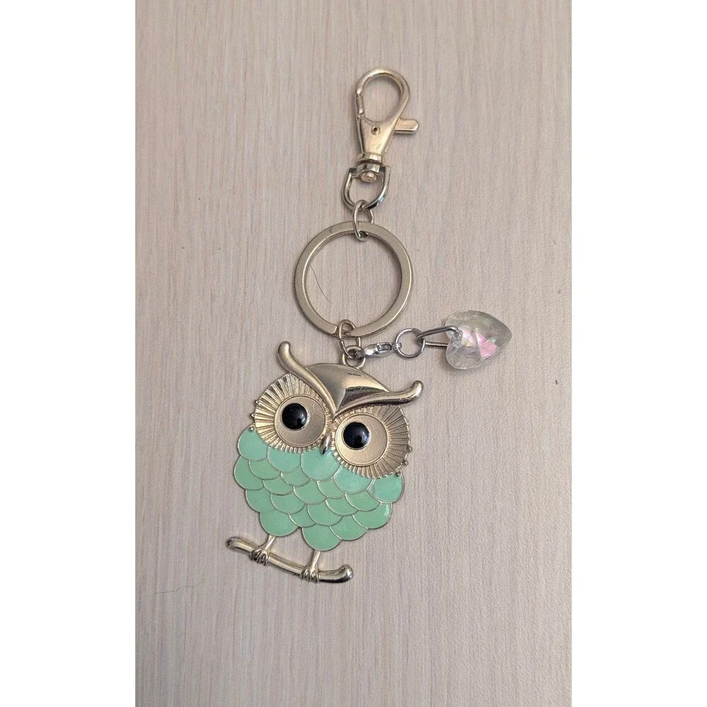 Mint Green Owl Black Crystal Eyes Faceted Heart Charm Keychain